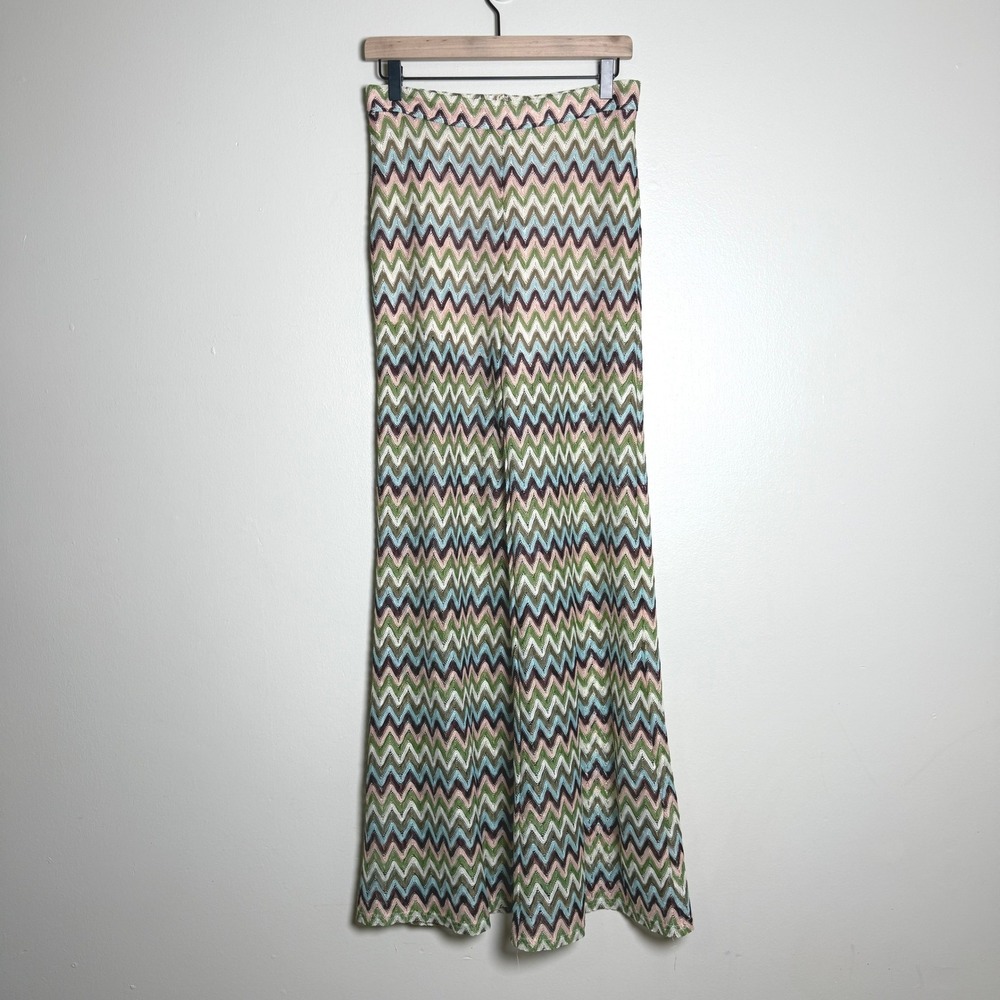 beivy Chevron Wide Leg Pants L Green Pink‎ Zigzag Crochet Knit Festival Boho